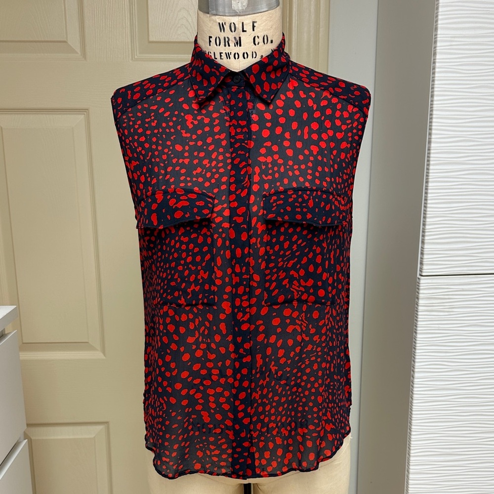 Sheer Red and Navy Polka Dot Sleeveless Blouse